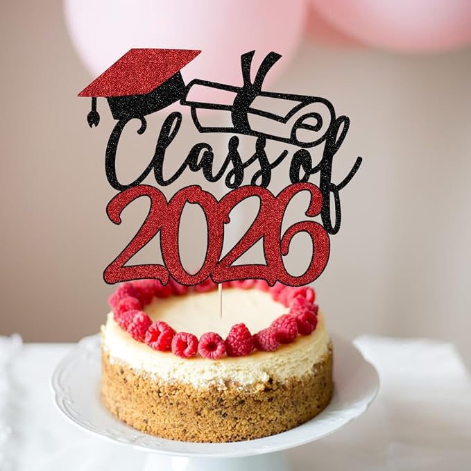 Gold Class of 2026 Congrats Grad Cake Topper Glitter Graduation Party Supplies - High School College Graduates -College Graduate Cake Topper Decorations (Class of 2026 Black red)