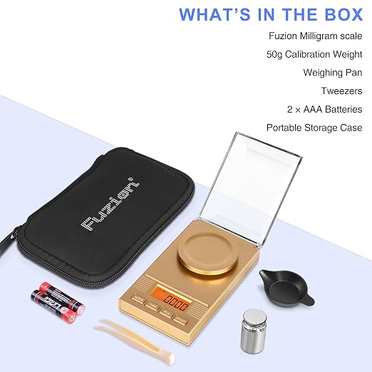 Fuzion Digital Milligram Scale 50g/0.001g, Powder Scale 6-in-1 Kit | Includes Soft Carry Bag, 50g Calibration Weight, Battery, Milligram Scale for Capsule Filling, Supplement, Reloading, Jewelry