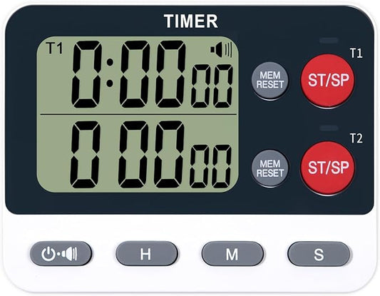TPNEG Dual Kitchen Timer Digital - Large Display, Easy to Use and Read, Cooking Timer for Kitchen with Alarm, Magnetic Back, Loud & Silent and Count Up/Countdown Modes, Replaceable AAA Battery