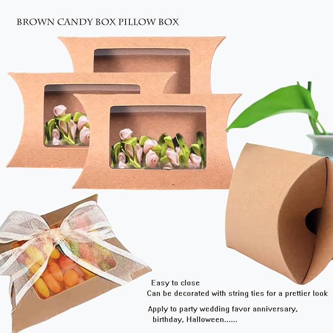 50 Pcs Pillow Gift Boxes with Windows,Kraft Paper Mini Pillow Packaging Box, Creative Favor Box Folding Treat Boxes with Clear Window for Bakery Candy Chocolate Jewelry Display Wedding Party Favor (kraft-Big)