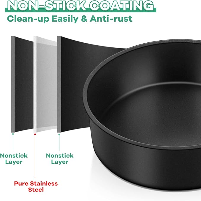 TeamFar 6 Inch Round Cake Pans, Round Baking Layer Cake Pan Set of 3, with Non-Stick Coating Stainless Steel Core for Birthday, Party, Wedding, Healthy & Heatproof, Release Easily & Easy Clean