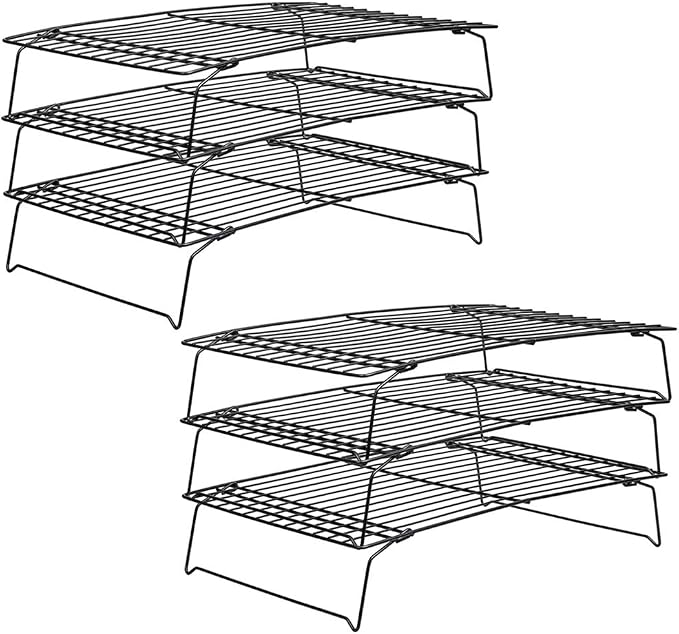 Kingrol 6-Piece Stackable Cooling Racks for Baking, Two 3-Tier Sets | Nonstick-coated steel, foldable legs, stacked or separate use, ideal for cookies, cupcakes, pastries, pies, and cake layers