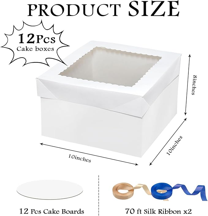 24PCS 10x10x8 Inches Cake Boxes with Cake Boards—（12Cake Boxes with window &12Cake Borads &70ft Silk RibbonX2） Large Square Baking Boxes for Christmas,Birthday Party, Wedding, Valentine's Day