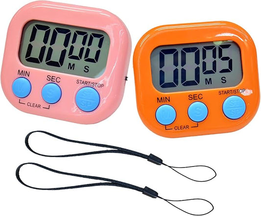 2 Pack Small Digital Kitchen Timer Magnetic Back and On/Off, Classroom Timers for Teachers Kids, Count Up Count Down Loud Alarm Stop Memory Function for Cooking Study Work Exercise (1, Pink+Orange)
