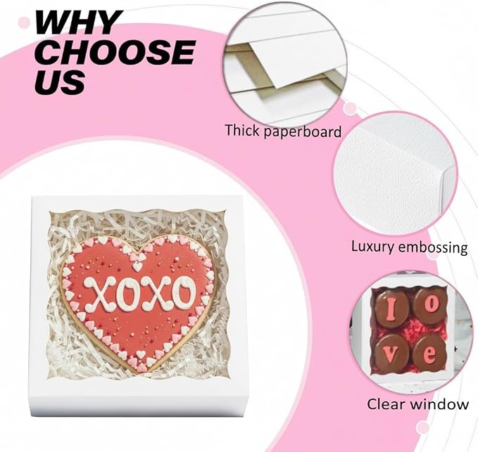 NEKSUNBAK 100PCS 5 x 5 x 1.2 inch White Cookie Boxes, Small Gift Boxes with Display Window, Treat Boxes for Macaron, Donuts, Any Holidays & Party Favors