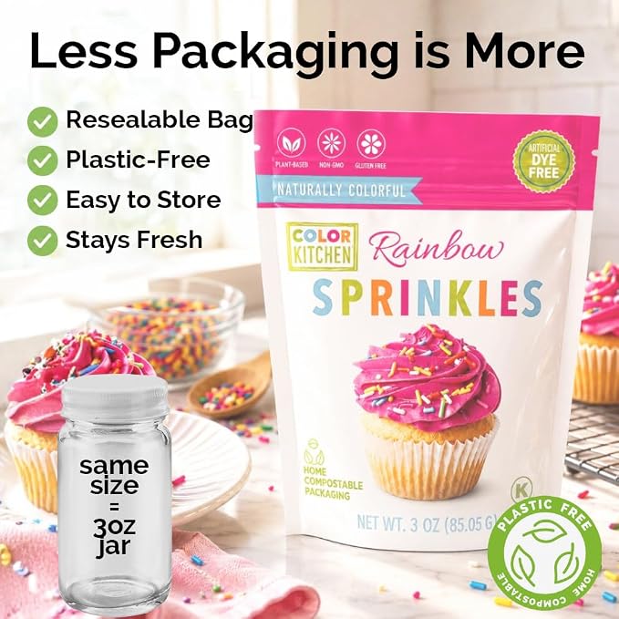Color Kitchen Dye Free Sprinkles Rainbow Jimmies, Natural Sprinkles With Plant Based Colors, Healthy Sprinkles For Baking, Cupcakes, Cookies, Ice Cream, Gluten Free, Non GMO, 3 Oz (2 Pack)