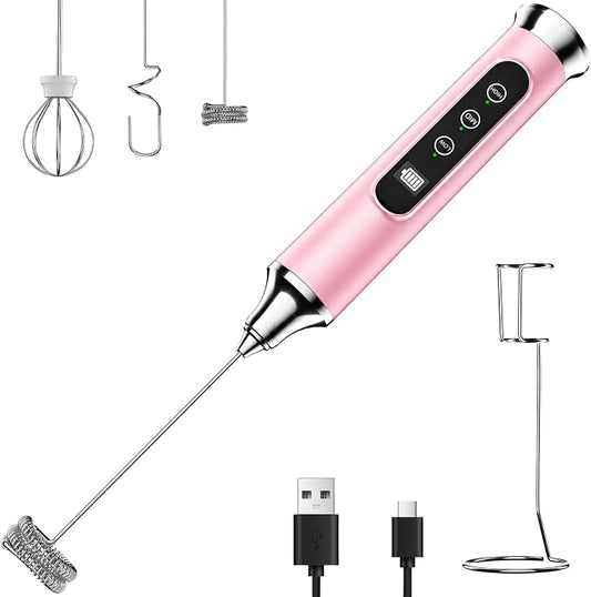 YUSWKO Milk Frother Wand for Coffee with Stand, Coffee Frother Handheld | Rechargeable Drink Mixer Wand, Waterproof Electric Whisk for Protein Powder, Lattes, 3 Variable Speeds 3 Whisks, Pink