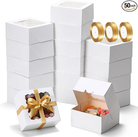 COTOPHER Auto Pop Up Cookie Box with Window 6x6x3 Inches – 50 Pack White Bakery Boxes with Gold Ribbon for Birthday Party Favors, Wedding, Christmas Gift Packaging for Cookies, Candy, Macarons