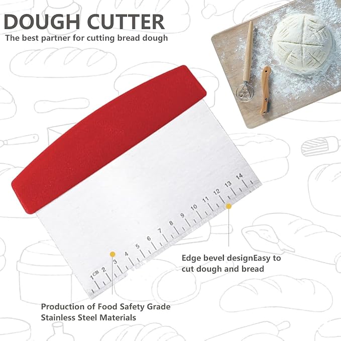 Bread Making Tools and Supplies - Set of 3 - Danish Dough Whisk and Bench Scraper - Dough Hook with Bread Scraper - Great for Baking Homemade Sourdough, Pizza (red)