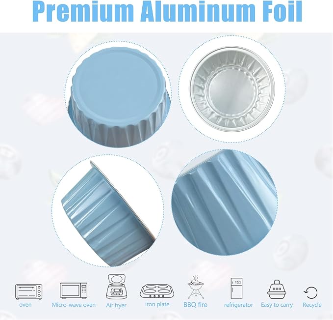 100Pcs Aluminum Cups with Lids,5oz Disposable Ramekin Baking Cups Muffin Liners Mini Pie Pans Foil Cupcake Containers for Christmas Party Wedding Party,Sky Blue