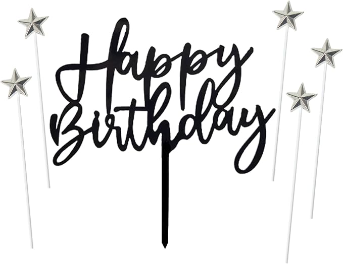 ZHENGYE Set of 1 Black Acrylic Happy birthday Cake Topper And 5 pcs silvery Star Cupcake Topper Cake Decoration Supplies for Baby Shower Birthday Decorations(Black 14)