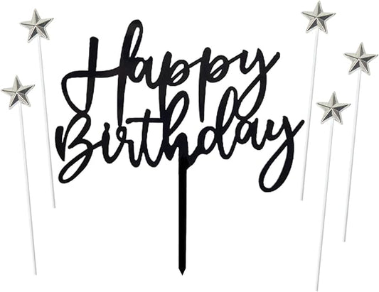 ZHENGYE Set of 1 Black Acrylic Happy birthday Cake Topper And 5 pcs silvery Star Cupcake Topper Cake Decoration Supplies for Baby Shower Birthday Decorations(Black 14)