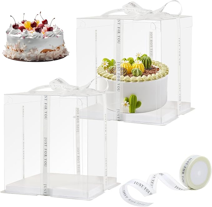 8Pcs Tall Cake Boxes Clear Box with Ribbon, 10x10x9 inch, for 6" cajas para pasteles Tiered Cakes,Transport Gift Boxes for Wedding and Gift Display. (Transparent, 10 * 10 * 9 inch/8pcs)