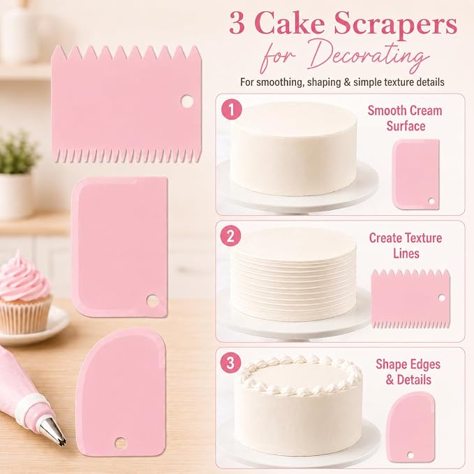15 PCS Cake Decorating Supplies Set with 2 Reusable Superflex Piping Bags, 6 Stainless Steel Icing Tips, 3 Cake Scrapers, 2 Couplers and Ties for Beginners,Pink