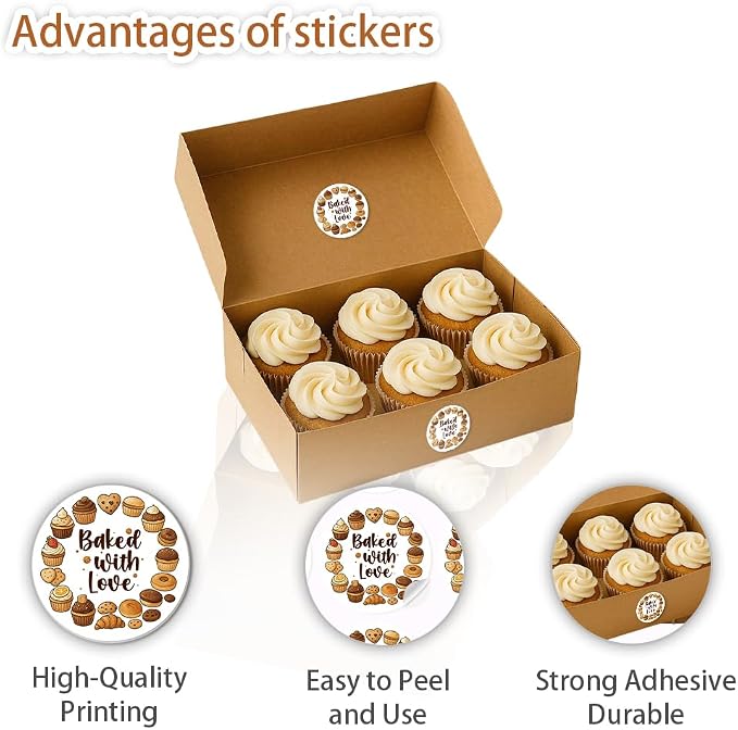 320 Pcs Baked with Love Stickers, 2 Inch Homemade Bakery Stickers Made with Love Sticker Self-Adhesive Packaging Labels for Packaging Bags Containers Businesses Gifts