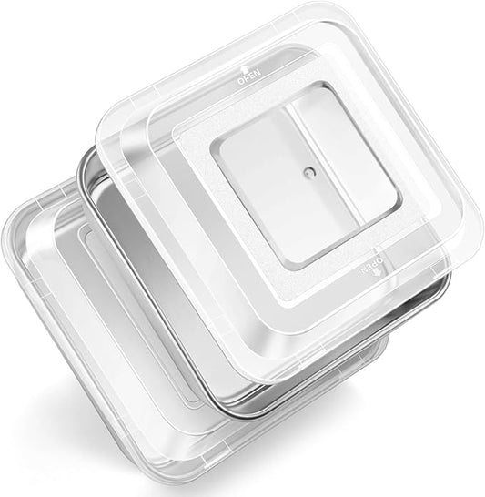 Leonyo Stainless Steel 8x8 Baking Pan with Lids, 2 Set Metal 8IN x 8IN Square Cake Pans with Lids, Commercial Brownie Pans Baking Dish for Lemon Bars, Dishwasher Safe(Except for Plastic Lids)