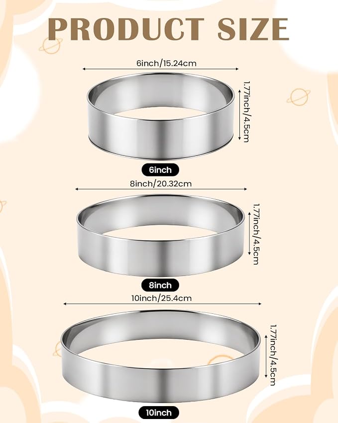 EORTA 3pcs Round Cake Ring Set, 6/8/10 Inch Stainless Steel Pancake Biscuit Cutter Tier Cake Maker Circle Mold