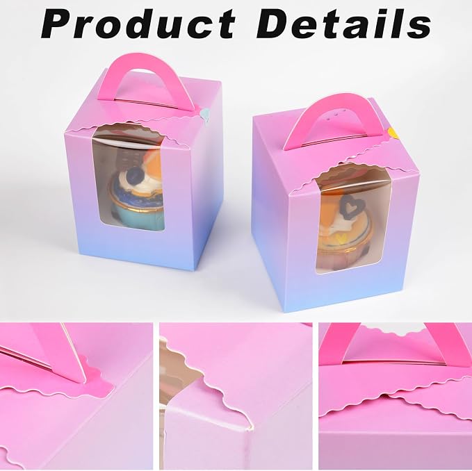 KEYIDO 30 Pcs Individual Cupcake Boxes Deep Gradient Single Cupcake Boxes 1 Hole Cake Box with Clear Window Inserts and 2 Sheets of Stickers for Wedding Birthday Party Favors