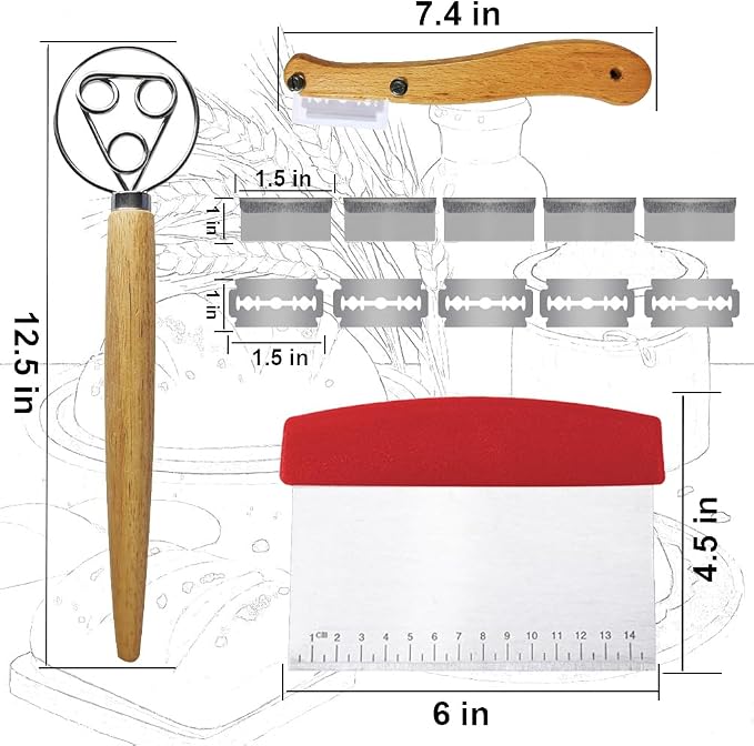 Bread Making Tools and Supplies - Set of 3 - Danish Dough Whisk and Bench Scraper - Dough Hook with Bread Scraper - Great for Baking Homemade Sourdough, Pizza (red)