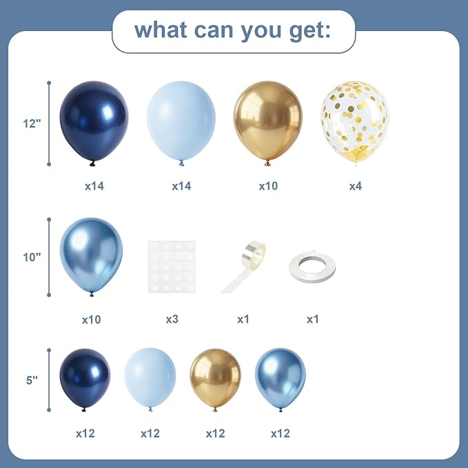 Blue Gold Balloons Garland Arch Kit, Navy Blue Light Blue Metallic Gold Blue Balloon Arch Kit, Macaron Blue Gold Confetti Balloon for Birthday Baby Shower Wedding Graduation Father’s Party Decorations