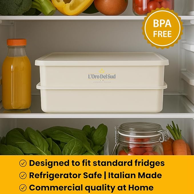 L'Oro Del Sud Home Refrigerator Size, Dough Proofing Tray (2 Pack + 1 Lid) | White Stackable, Commercial Grade, Pizza Proofing Dough Pans with Lid (16 inch x 12 inch x 4 inch), Product of Italy