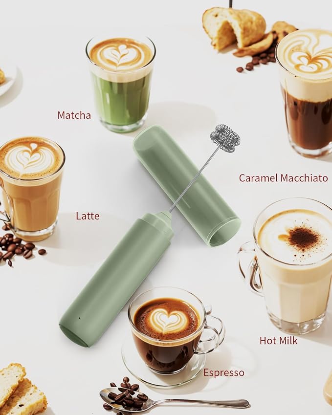 CIRCLE JOY Rechargeable Milk Frother Hanheld, Dual Ring Electric Coffee Frother, Portable Hand Frother Wand Drink Mixer for Matcha Lattes Cappuccino, Kitchen Gifts, Green