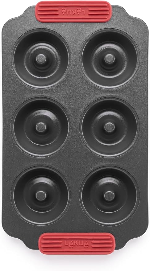 Lékué Non-Stick 6 Hole Donut Mold - Carbon Steel Oven Baking Pan with Platinum Silicone Handles, Even Heat, Dual Non-Stick Ceramic Coating, Scratch Resistant, PFOA & PFA-Free, 12.2 x 7.1 x 1.2"