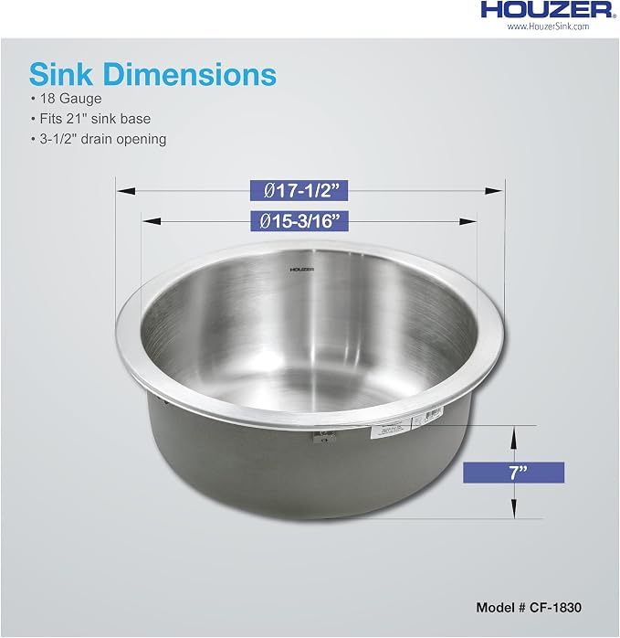 Houzer Club Stainless Steel Kitchen Bar & Prep Sink - 18 Inch Undermount Single Round Bowl Sink, Durable & Versatile, Essential for Home & Apartment, Nested 40-Pack - CF-1830-40