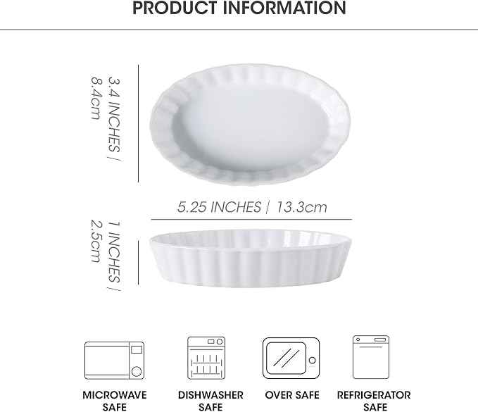 4-Piece Porcelain Baking Dish Set - 4 OZ 5.2 Inch Small Ramekins Pie Pans, Oven Safe Ramekins for Quiche, Tart, Dessert, Creme Brulee, Au Gratin | Stackable, Dishwasher Safe