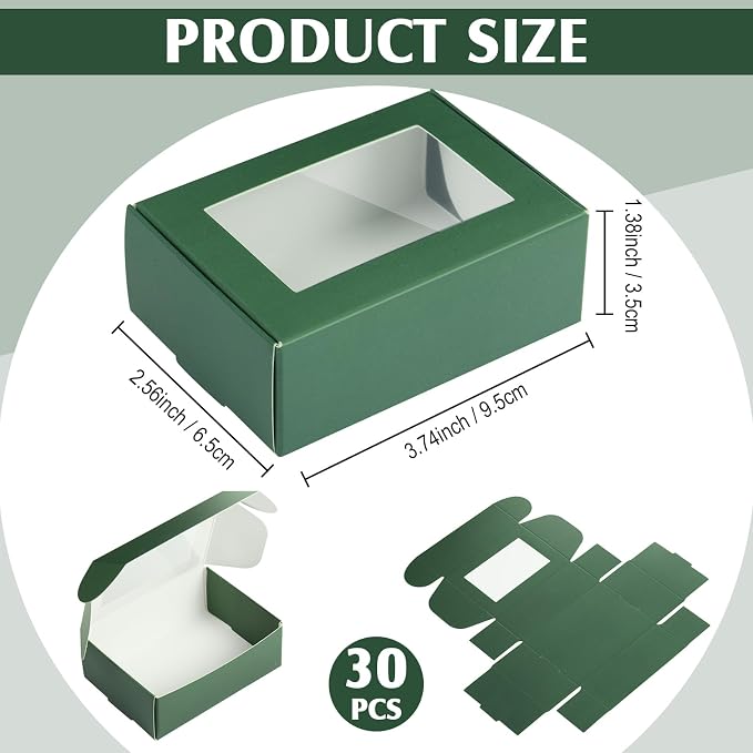 Zonon 30 Pcs Soap Boxes for Homemade Packaging, Mini Kraft Boxes with Window for Bakery Candy Soap Making Gift Packaging, 3.7x2.6x1.4 Inch (Green)