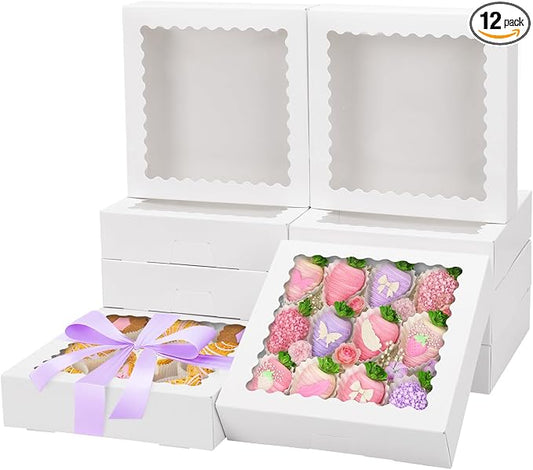 Moretoes 12pcs Bakery Boxes, 8x8x2 Inches Auto-Popup Cookie Boxes with Window, White Treat Containers for Chocolate Strawberries, Donuts, Desserts, Pastries, Mother's Day