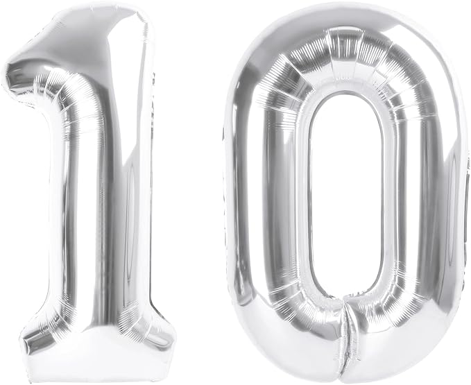 Number Balloon 10th Birthday Decorations, 40 Inch Big Foil Balloon for Men & Women, Silver Number Balloons for Wedding Memorial Day Birthday Aniversarry Supplies