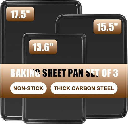 Baking Sheet Pan Set of 3, Nonstick Commercial Cookie Sheets for Baking | Half/Quarter/Jelly Roll Pans Replacement Toaster Oven Tray, Heavy Duty & Easy Clean, Dark Black