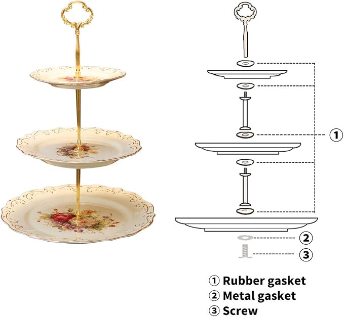 YOLIFE Flowering Shrubs 3 Tiered Cupcake Stand, Emboss Golden Leaves Edge Pastry Tower, 6-8-10 inch