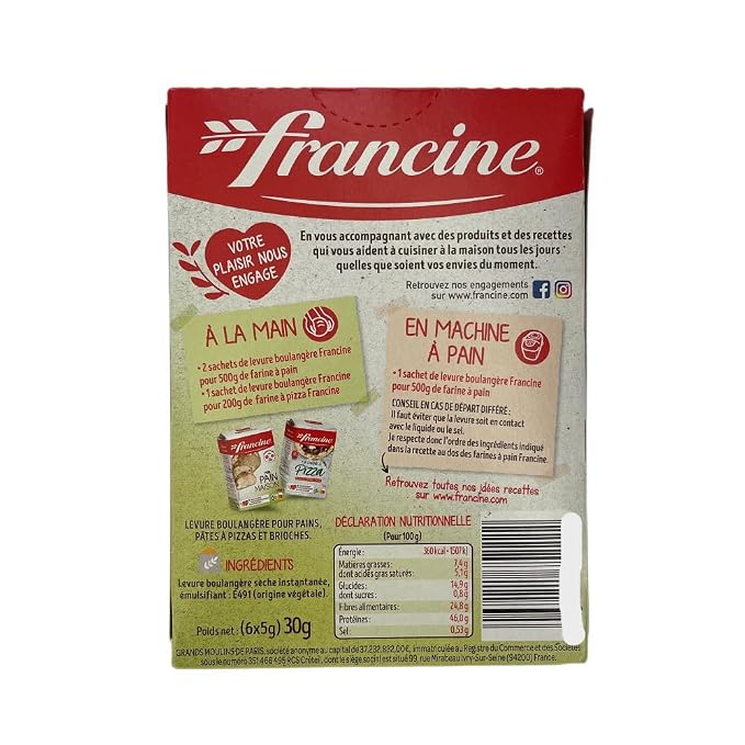 Francine - yeast for baking bread - (6x5g sachets) 30g - bread machine yeast - levadura para hacer pan - Instant dry yeast. Plant-based. French Imported.