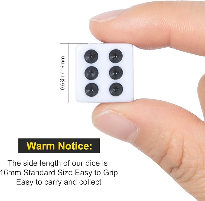 100 Pack 16MM White Dice - Six Sided Standard Opaque | Black Pips Dots, For Board Games, Group Event, Teaching Math