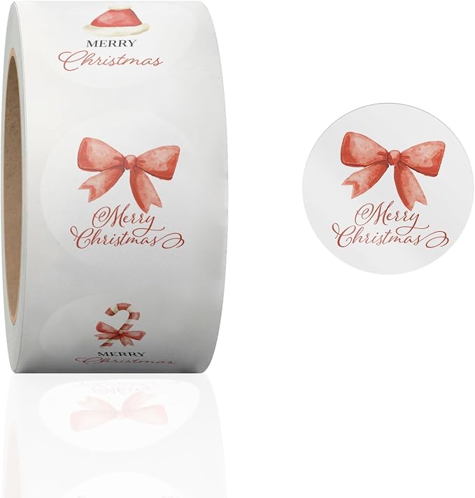 1.5 Inch Round 500 Count Red Christmas Bows Perforated Roll Stickers - Thank You Labels for Favors - Packing Thank You Stickers for Small Business Store Owners