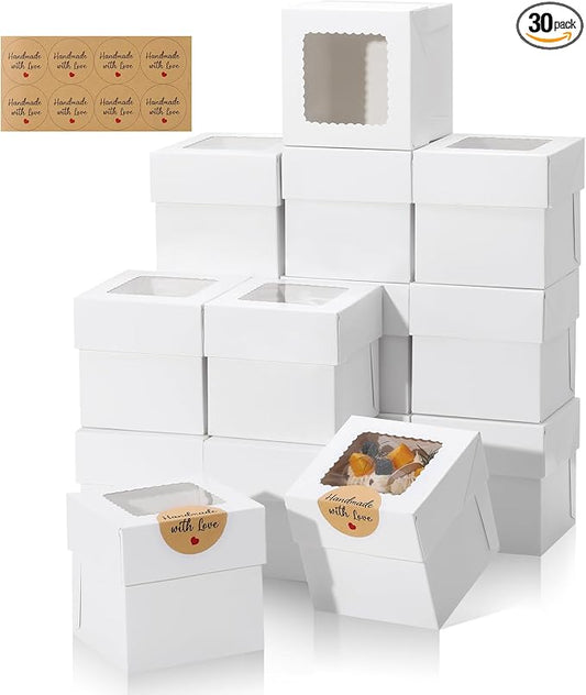 COTOPHER 30Pcs Mini Cake Boxes, 4x4x4 Inches White Bakery Boxes with Window, Small Dessert Box Cake Packaging for Pastries, Cookies, Chocolates, Cupcakes, Birthday Party, Wedding