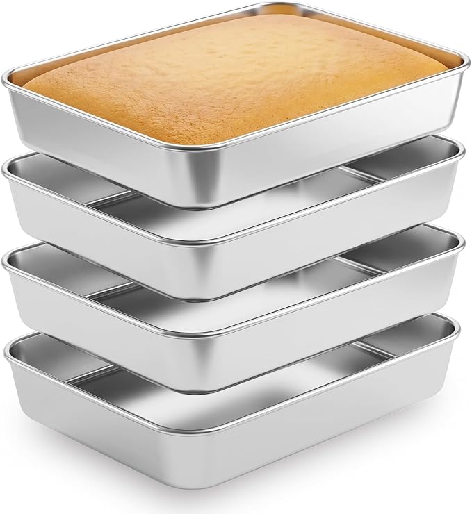 Leonyo Stainless Steel Baking Pans Set of 4, 12⅓ x 9¾ x 2 Inch Cake Pan, Nonstick & Heavy Duty, Deep Rectangular Lasagna Pan Sheet Bakeware for Focaccia, Bread, Brownies, Casseroles Dish