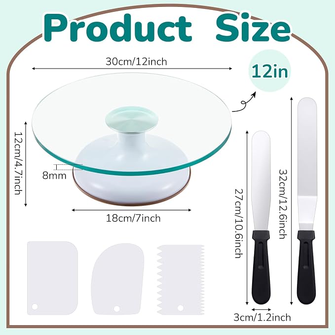 Willinglong 6 Pcs 12 Inch Cake Turntable Set Glass Rotating Cake Spinner Stand Decorating Supplies with 2 Aluminum Alloy Spatulas 3 Icing Smoother Scraper for Birthday Wedding Party Baking