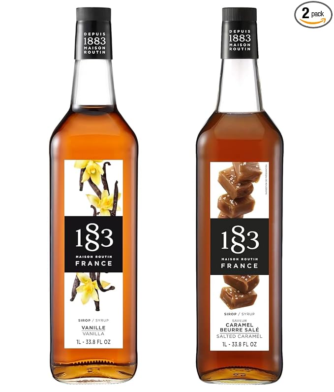 1883 Vanilla & Salted Caramel Syrups (Café Variety Pack) for Coffee & Drinks – 1 Liter Glass Bottles (Pack of 2)
