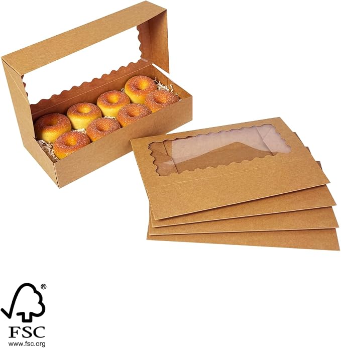 qiqee Auto-pop up 12x5.5x2.5 Inch Brown Cookie Box with Window 30Pcs Pastry Macaron Bakery Box For Packaging