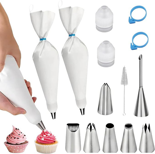 11 Piece Reusable Piping Bags and Tips Set - Cotton Baking Kit with Coupler Stainless Steel Nozzles Cleaner for Cupcakes Cookies Churros