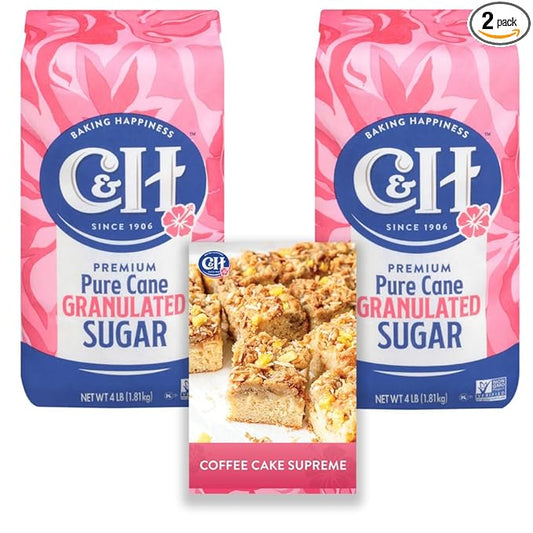 C&H® Granulated Sugar, 4 lb Bag of Premium Pure Cane Sugar (Pack of 2) with Bonus Brand Recipe Card