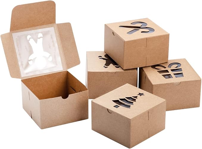 JOYIN 36 PCS Christmas Cookie Boxes for Gift Giving, Brown Bakery Treat Boxes with Window, 4" x 4" x 2.5" Gift Wrap Box for Xmas Holiday Party Favor Pastries, Cupcakes, Donuts, Brownies, Donuts