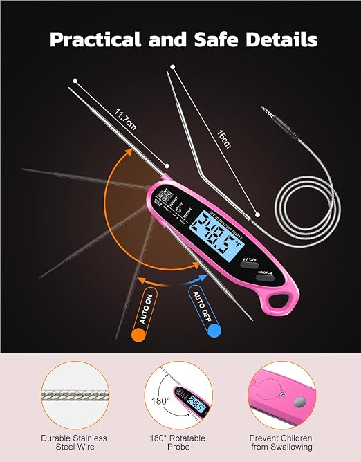 Instant Read Meat Thermometer Digital with Dual Probe & Large Backlit, Food Thermometer for Cooking & Grilling, for Candy/Baking/Oven/BBQ/Grill/Smoker, Pink Kitchen Accessories, Gifts for Women