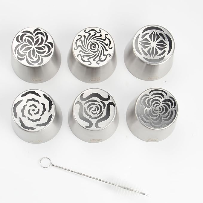 Extra Large Russian Piping Tip Set - 6 Stainless Steel Marshmallow Buttercream Framing Nozzles for 3D Roses Tulip Cake Decorations and Marshmallow Bouquets, Includes 1 Cleaning Brush(6F)