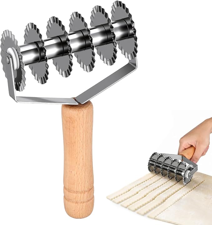 OSALADI Lattice Dough Cutter with Wooden Handle 8.07In Kitchen Gadget for Pastry Pie Pizza Noodle Cutting Tool Stainless Steel Lattice Roller for Home Baking