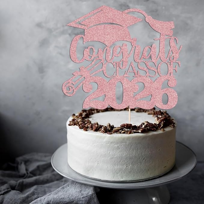 Congrats Class Of 2026 Cake Topper, Glitter Graduation Party Supplies - High School College Graduates -College Graduate Cake Topper Decorations Supplies (Rose gold)