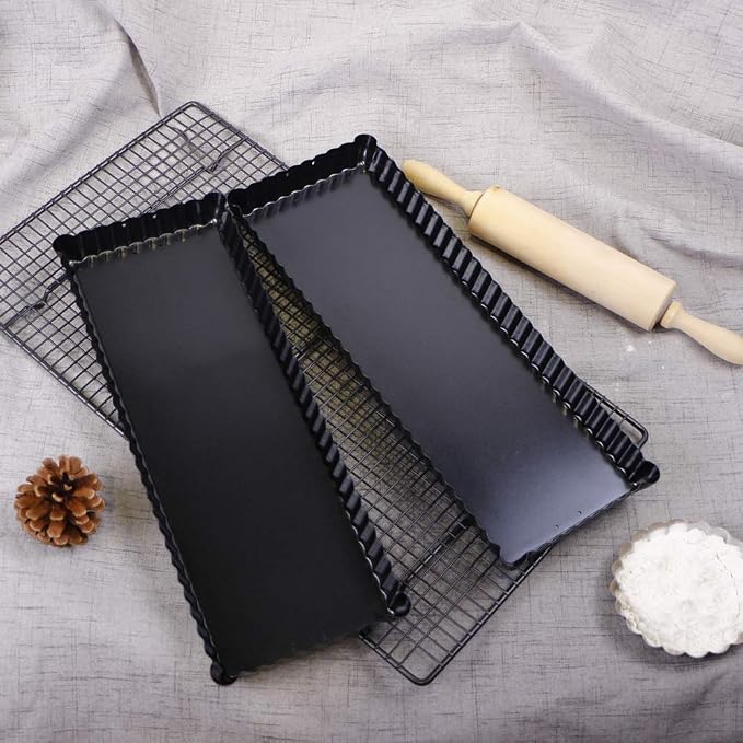 Webake 14 Inch Heavy Gauge Carbon Steel Non-stick Rectangular Tart Pan with Removable Bottom Quiche Baking Pan (Pack of 2)